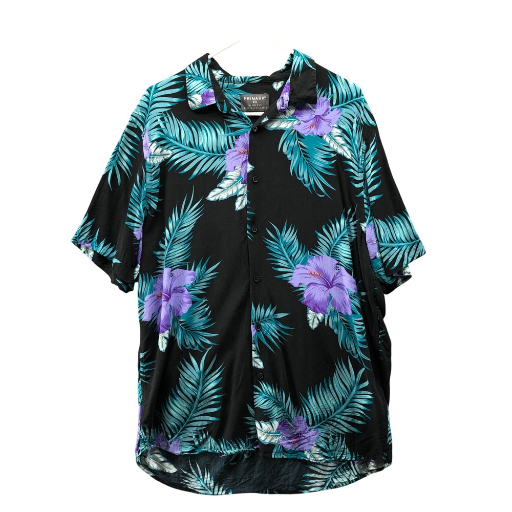 Primark Hawaiian Shirt Mens 2XL Slim Fit Short Sleeve Button Up Black Green Palm